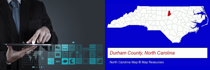 information technology concepts; Durham County, North Carolina highlighted in red on a map