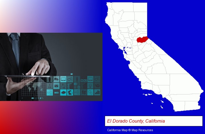 information technology concepts; El Dorado County, California highlighted in red on a map