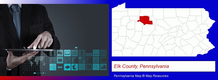 information technology concepts; Elk County, Pennsylvania highlighted in red on a map