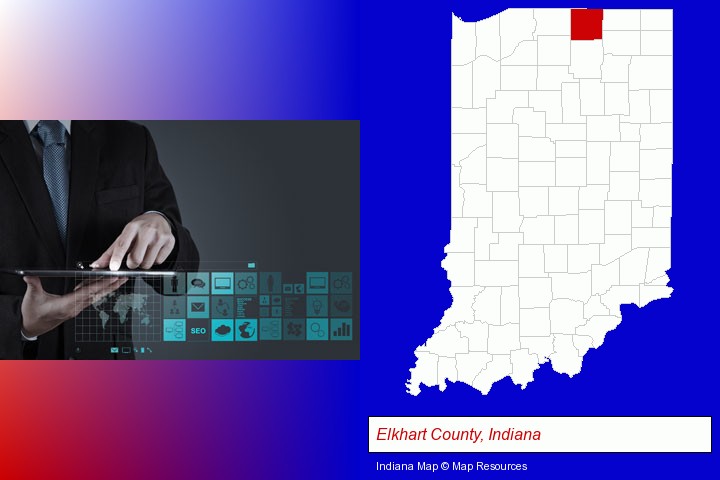 information technology concepts; Elkhart County, Indiana highlighted in red on a map