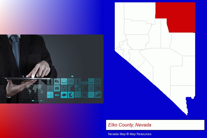 information technology concepts; Elko County, Nevada highlighted in red on a map