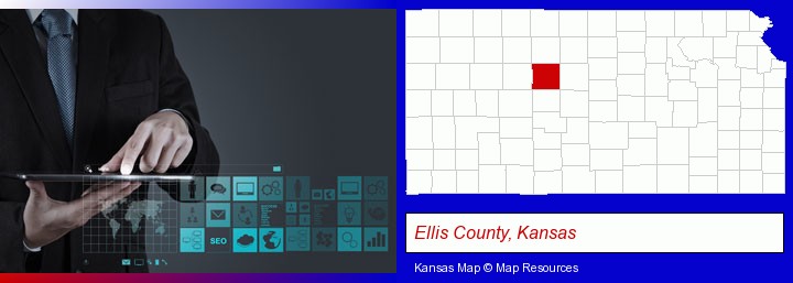 information technology concepts; Ellis County, Kansas highlighted in red on a map
