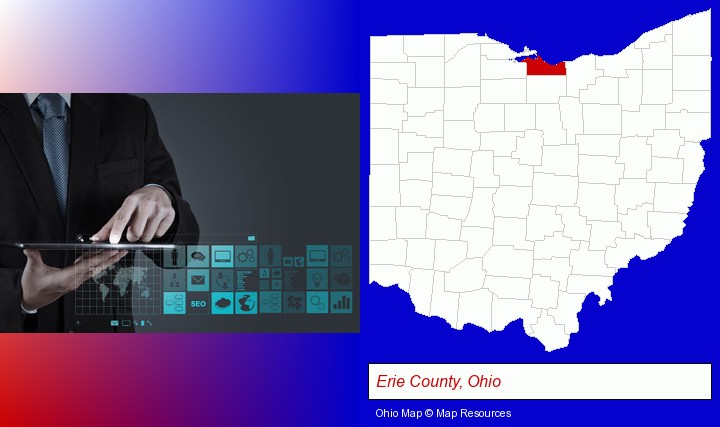information technology concepts; Erie County, Ohio highlighted in red on a map