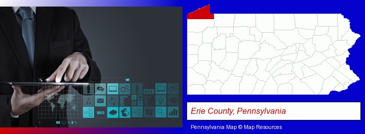 information technology concepts; Erie County, Pennsylvania highlighted in red on a map