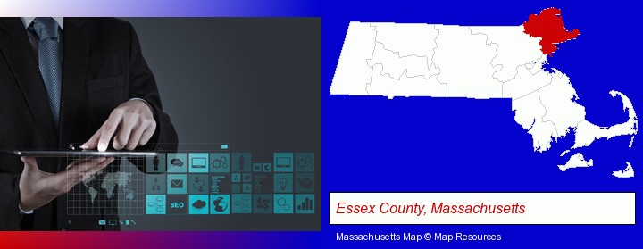 information technology concepts; Essex County, Massachusetts highlighted in red on a map