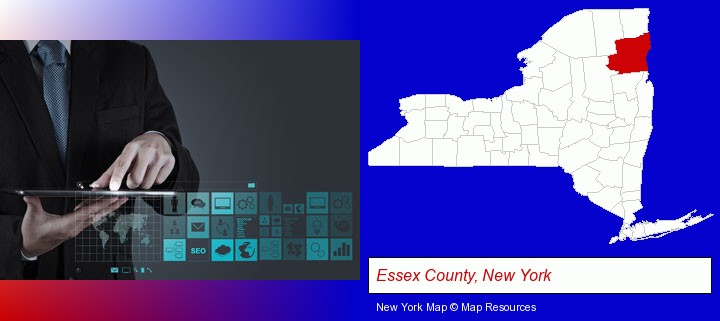 information technology concepts; Essex County, New York highlighted in red on a map