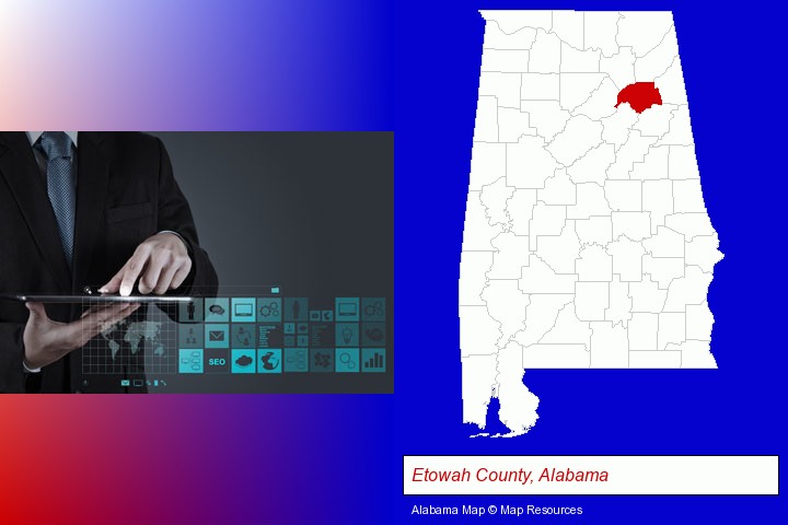information technology concepts; Etowah County, Alabama highlighted in red on a map