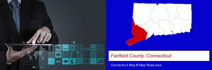 information technology concepts; Fairfield County, Connecticut highlighted in red on a map