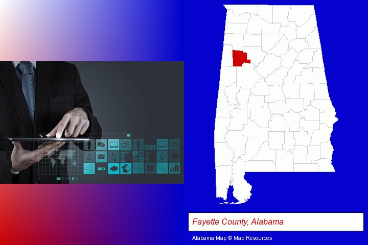 information technology concepts; Fayette County, Alabama highlighted in red on a map