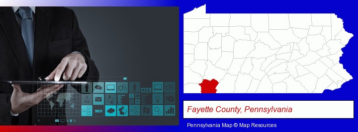 information technology concepts; Fayette County, Pennsylvania highlighted in red on a map