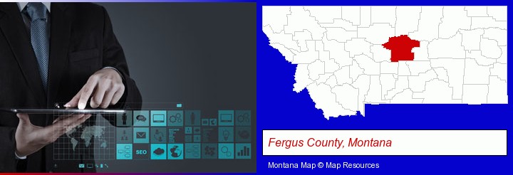 information technology concepts; Fergus County, Montana highlighted in red on a map