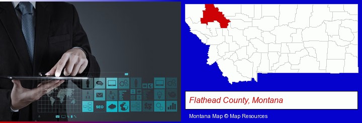 information technology concepts; Flathead County, Montana highlighted in red on a map