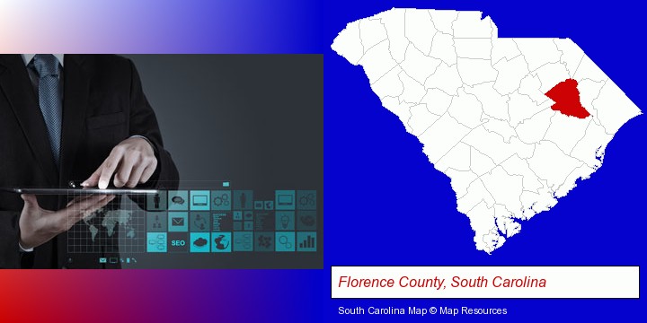 information technology concepts; Florence County, South Carolina highlighted in red on a map