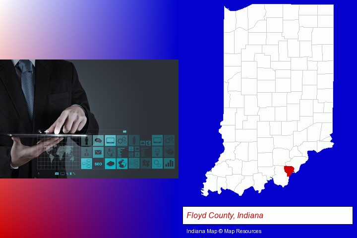 information technology concepts; Floyd County, Indiana highlighted in red on a map
