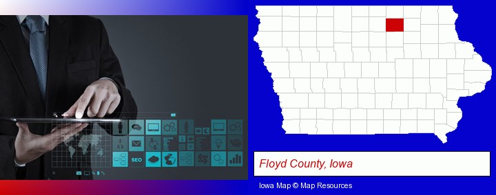 information technology concepts; Floyd County, Iowa highlighted in red on a map