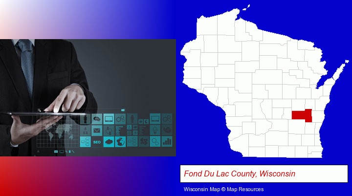 information technology concepts; Fond Du Lac County, Wisconsin highlighted in red on a map