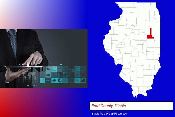 information technology concepts; Ford County, Illinois highlighted in red on a map