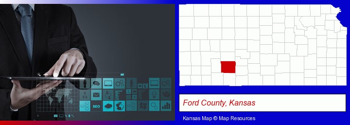 information technology concepts; Ford County, Kansas highlighted in red on a map
