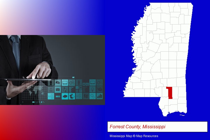 information technology concepts; Forrest County, Mississippi highlighted in red on a map