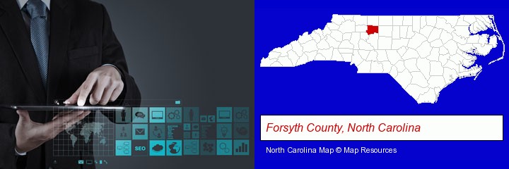 information technology concepts; Forsyth County, North Carolina highlighted in red on a map