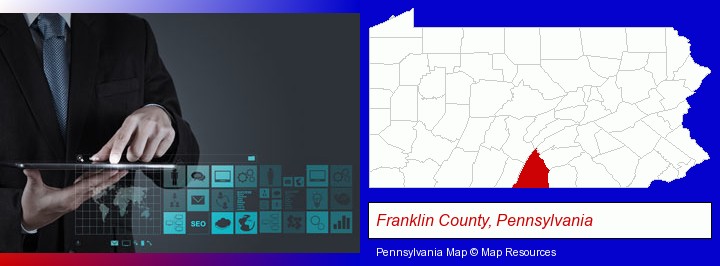 information technology concepts; Franklin County, Pennsylvania highlighted in red on a map