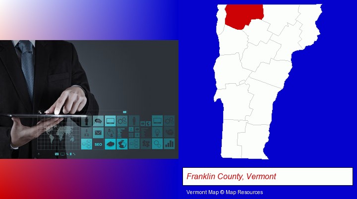 information technology concepts; Franklin County, Vermont highlighted in red on a map