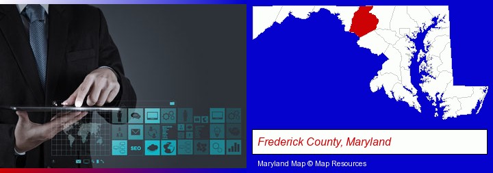 information technology concepts; Frederick County, Maryland highlighted in red on a map