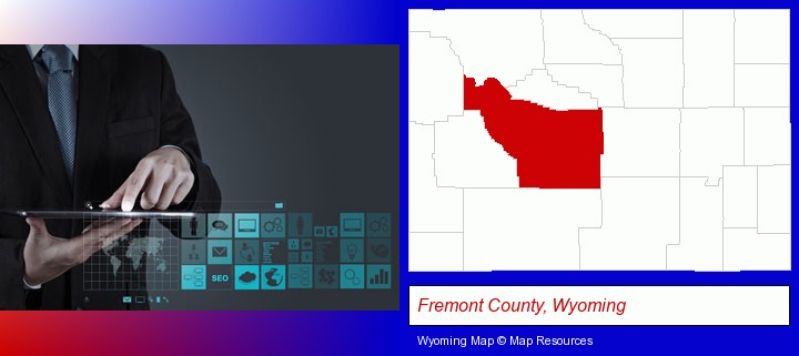 information technology concepts; Fremont County, Wyoming highlighted in red on a map