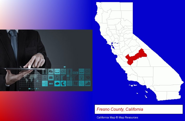 information technology concepts; Fresno County, California highlighted in red on a map