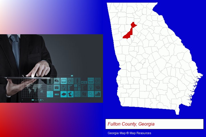 information technology concepts; Fulton County, Georgia highlighted in red on a map