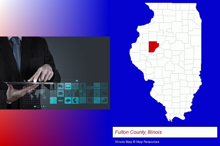 information technology concepts; Fulton County, Illinois highlighted in red on a map