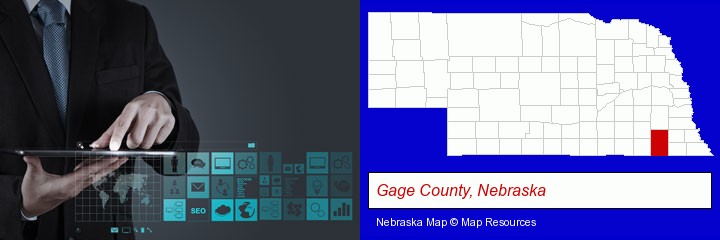 information technology concepts; Gage County, Nebraska highlighted in red on a map