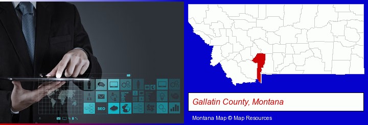 information technology concepts; Gallatin County, Montana highlighted in red on a map