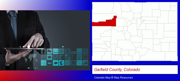 information technology concepts; Garfield County, Colorado highlighted in red on a map