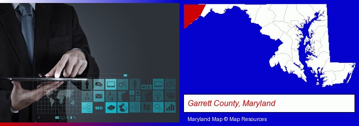 information technology concepts; Garrett County, Maryland highlighted in red on a map
