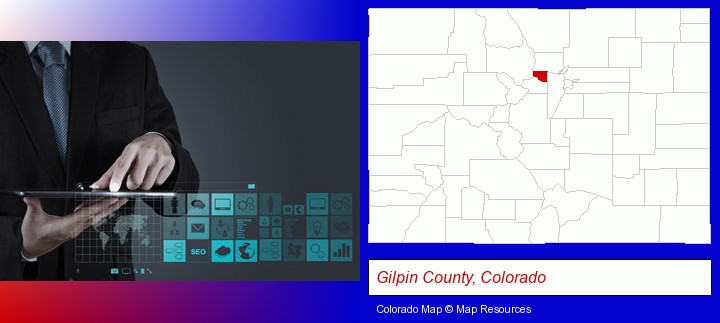 information technology concepts; Gilpin County, Colorado highlighted in red on a map