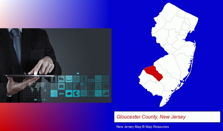 information technology concepts; Gloucester County, New Jersey highlighted in red on a map