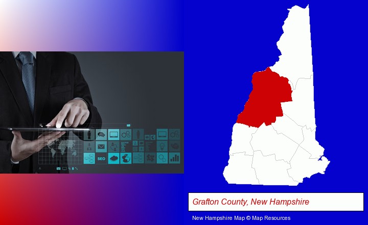 information technology concepts; Grafton County, New Hampshire highlighted in red on a map
