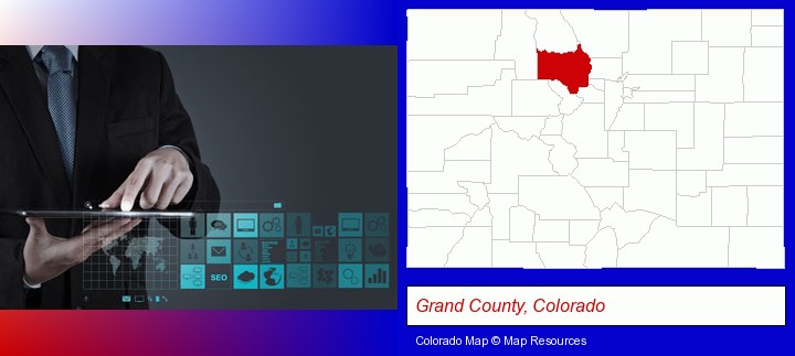 information technology concepts; Grand County, Colorado highlighted in red on a map