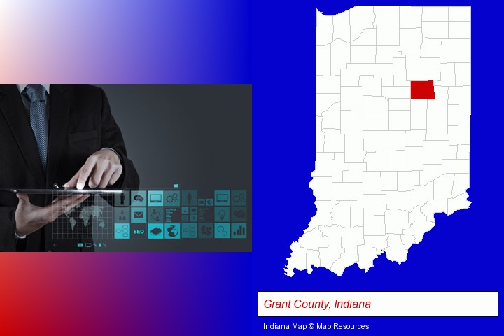 information technology concepts; Grant County, Indiana highlighted in red on a map
