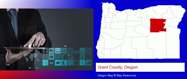 information technology concepts; Grant County, Oregon highlighted in red on a map