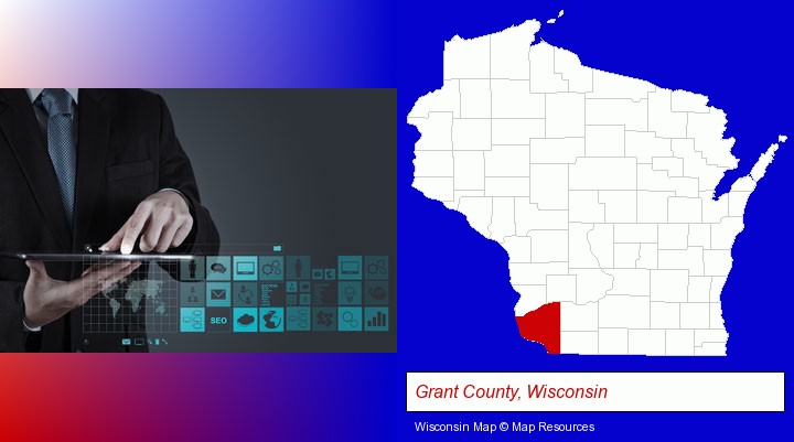 information technology concepts; Grant County, Wisconsin highlighted in red on a map