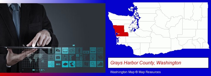 information technology concepts; Grays Harbor County, Washington highlighted in red on a map