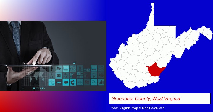information technology concepts; Greenbrier County, West Virginia highlighted in red on a map