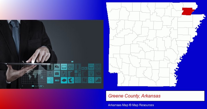 information technology concepts; Greene County, Arkansas highlighted in red on a map