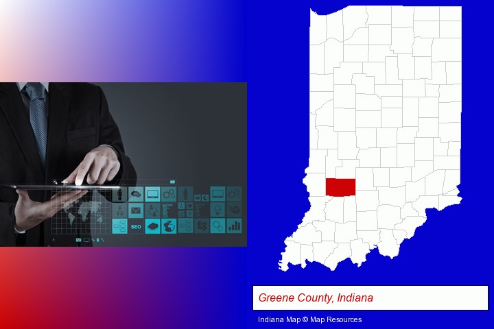 information technology concepts; Greene County, Indiana highlighted in red on a map