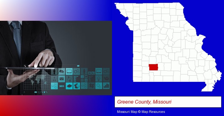information technology concepts; Greene County, Missouri highlighted in red on a map