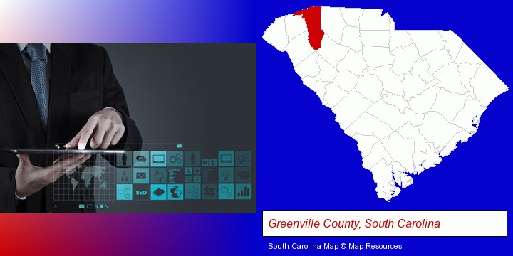 information technology concepts; Greenville County, South Carolina highlighted in red on a map
