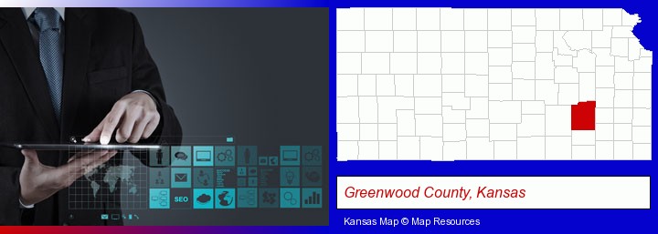 information technology concepts; Greenwood County, Kansas highlighted in red on a map