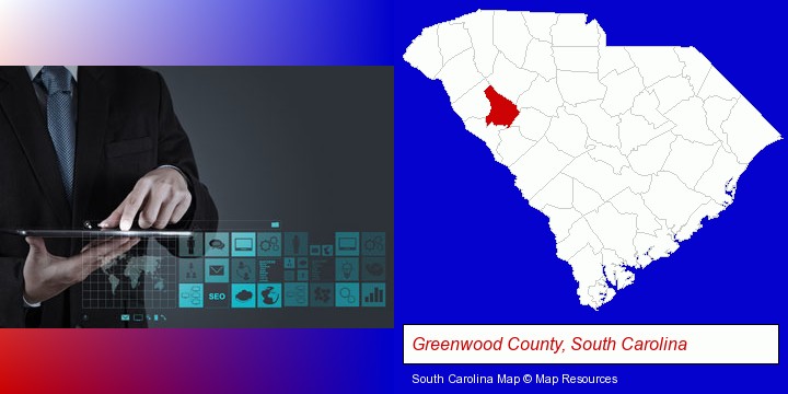 information technology concepts; Greenwood County, South Carolina highlighted in red on a map